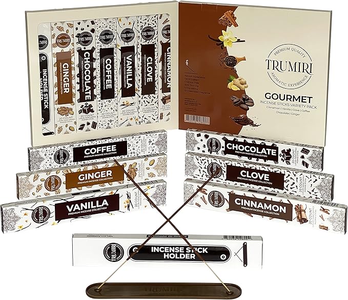 Gourmet Incense Sticks Variety Pack - 120 Insence-Sticks (6 Incents x 20 Insense) - Cinnamon Vanilla Coffee Chocolate - Natural Inscents-Sticks Non Toxic Inciensos + Incense Holder for Fall Christmas