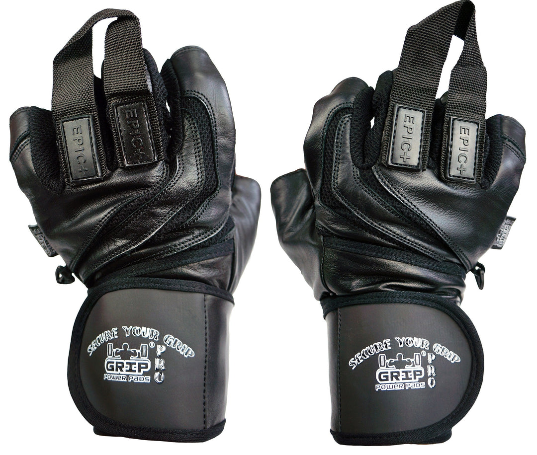 Epic Leather Gym Gloves with Built in 2" Wide Wrist Wraps Best Grip & Design for Weightlifting Power Lifting Bodybuilding & Strength Training Workout Exercises (Black, Large 8 1/8" - 8 1/2")