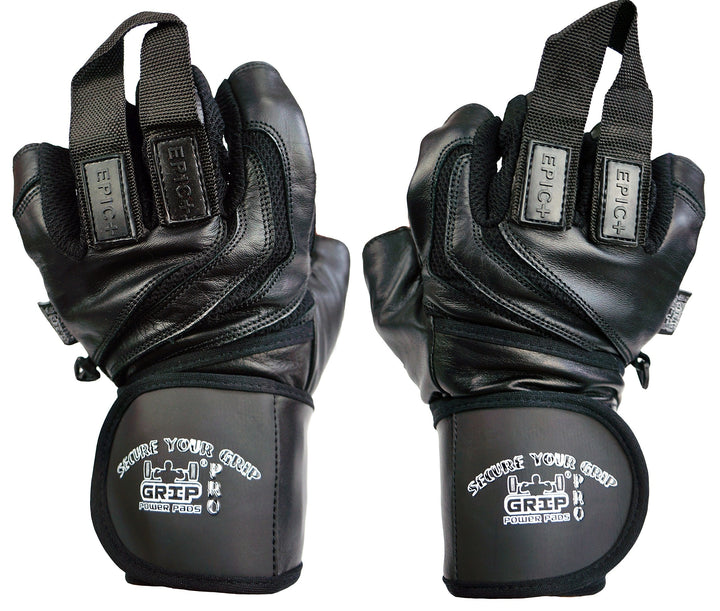 Epic Leather Gym Gloves with Built in 2" Wide Wrist Wraps Best Grip & Design for Weightlifting Power Lifting Bodybuilding & Strength Training Workout Exercises (Black, Large 8 1/8" - 8 1/2")