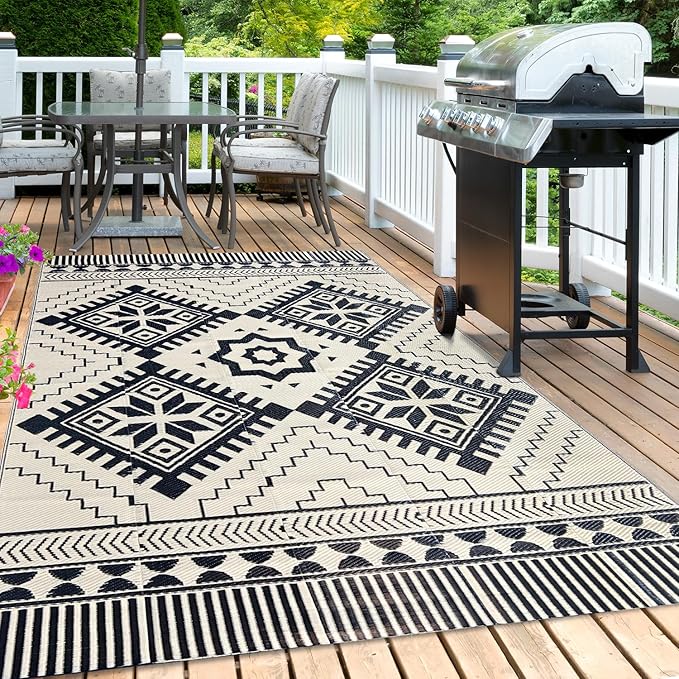 Waterproof Outdoor Rug 5x8ft, Boho Reversible Plastic Straw Mat for Patio RV Deck Porch Backyard Balcony Camping Picnic Beach Indoor Outdoor Carpet, Black&Beige