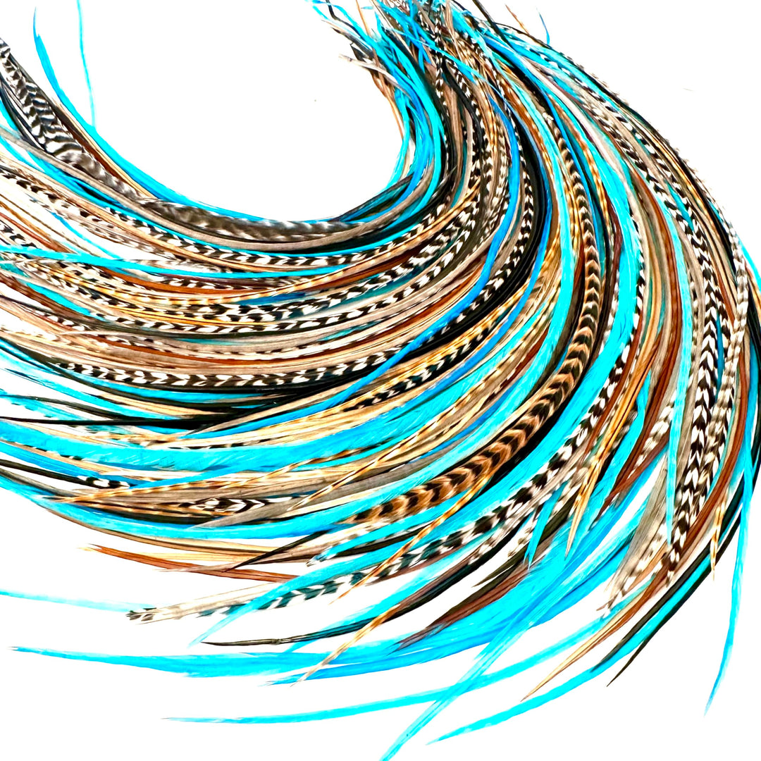 21 Natural & Turquoise Color Hair Feathers - 7”- 12” Long - Feathers for Hair Extension, Rooster Feathers DIY Kit - Eye-Catching Design - 20 Micro-link Beads - 100% Real Rooster Feathers