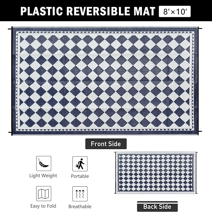 Outdoor Waterproof Rug 8'x10' Plastic Straw Rugs Washable Reversible Floor Mat Blue Plaid Carpet for Camping RV Deck Entryance Porch Picnic Balcony Beach Backyard