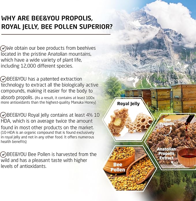 Bee and You Royal Jelly with Ginseng Tablet, Propolis Extract, 60ct, 100% Natural Superfood, Ultra Pure, Immune Support Supplement, Antioxidants, Keto, Paleo, Gluten-Free