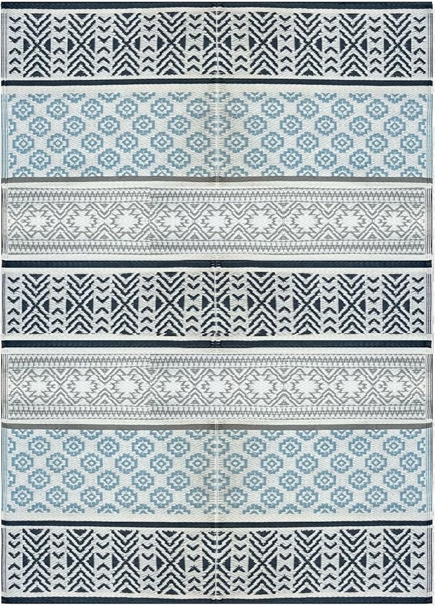 BalajeesUSA Outdoor Plastic Patio Rugs – 6x9, Grey, Teal, Durable and Affordable Multipurpose Woven Plastic Straw Recycled All-Weather and Waterproof Rug Reversible Camper Mats 7018