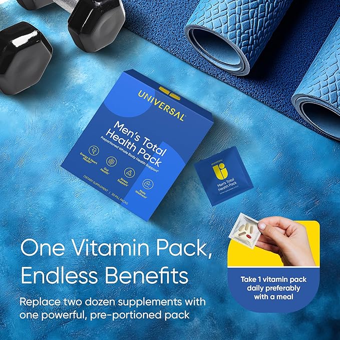 Men's Total Health Daily Vitamin Packs - 22 Essential Minerals & Vitamins for Men, All-in-One Multivitamin Supplement for Energy, Stress Support, Heart, Gut Health with Krill Oil, Adaptogens - 30 Pack