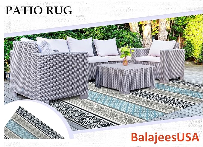 BalajeesUSA Outdoor Plastic Patio Rugs – 6x9, Grey, Teal, Durable and Affordable Multipurpose Woven Plastic Straw Recycled All-Weather and Waterproof Rug Reversible Camper Mats 7018