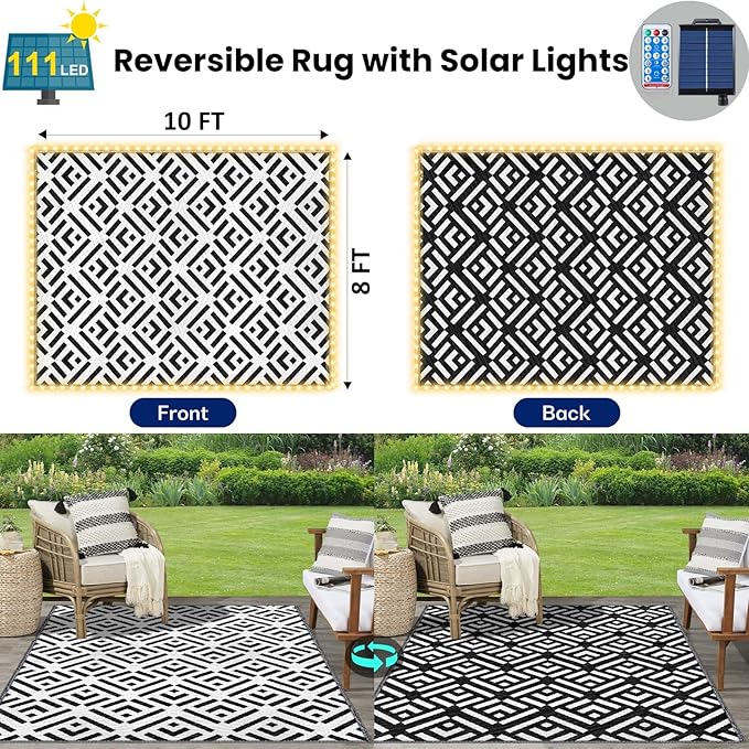 8x10Ft Outdoor Rug, Solar Powered Outdoor Camping Rug with 111LEDs Strip Lights, Waterproof Plastic Reversible Outdoor Straw Rug, Rug Mat for RV Camping Patio House Deck Beach Balcony Picnic