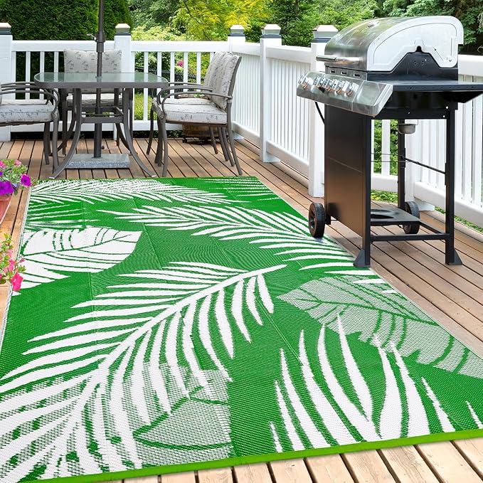 Waterproof Outdoor Rug 6x9ft, Green Leaf Reversible Plastic Straw Mat for Patio RV Deck Porch Backyard Balcony Camping Picnic Beach Indoor Outdoor Carpet, Green&White