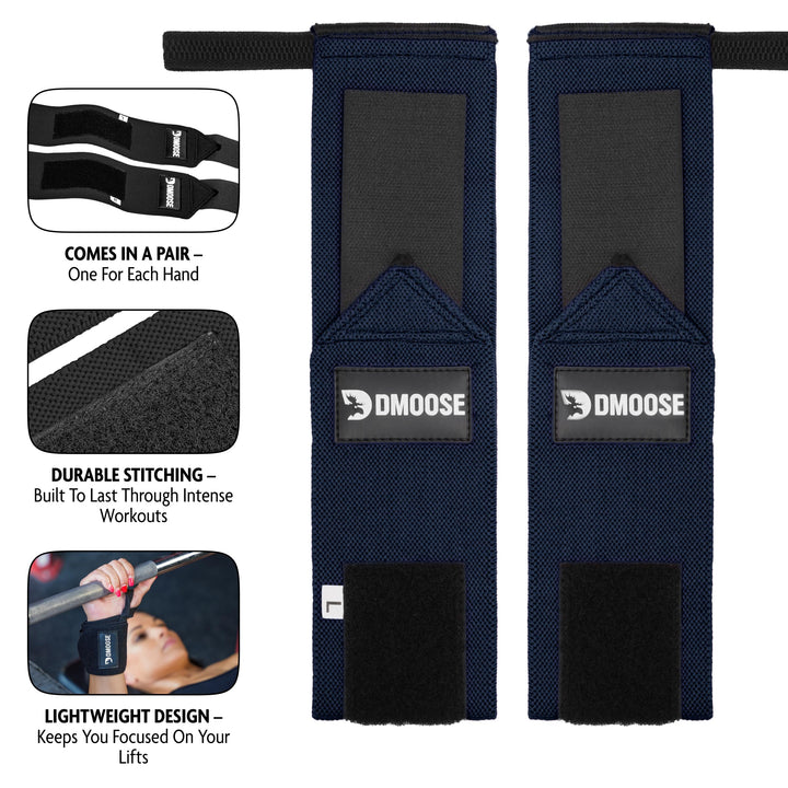 DMoose Wrist Straps for Weightlifting 12 and 18 Inches Thumb Loops with Wrist Support for Workouts Powerlifting Wrist Straps for Weight Lifting Men Women Navy Blue