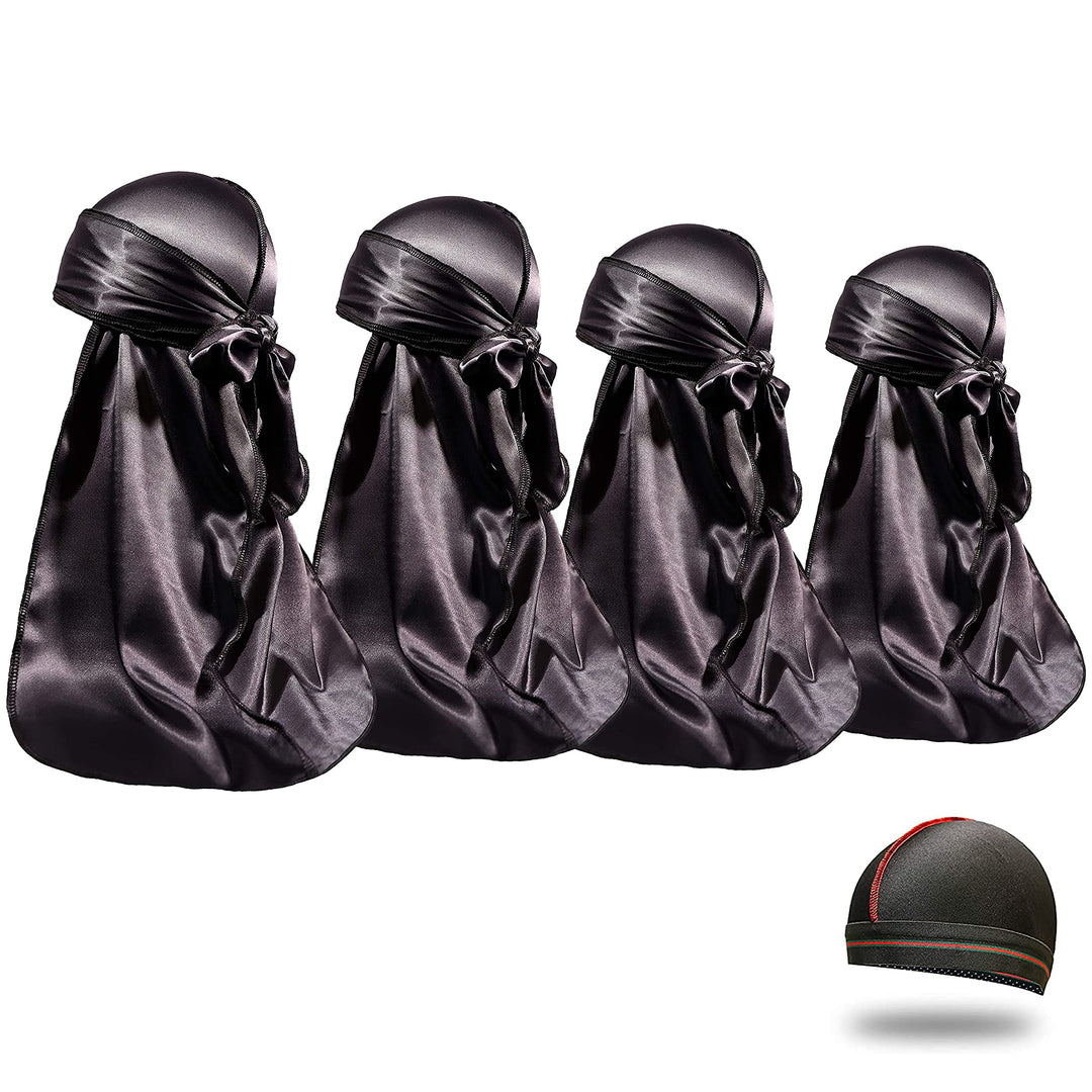 4Pcs Silky Durags For Men Women 360 Waves With 1 Wave Cap, Silky Satin Durag Extra Long Tails Black Black Black Black