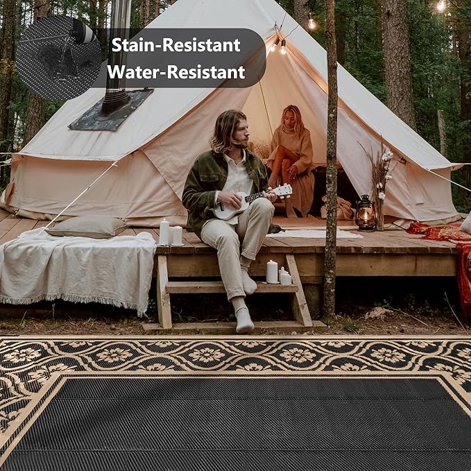 Outdoor Rug 9x12 Patio Waterproof Mat Camping Carpet Outside Area Rug Reversible Brown Rugs for RV Deck Entryance Porch Picnic Balcony Beach