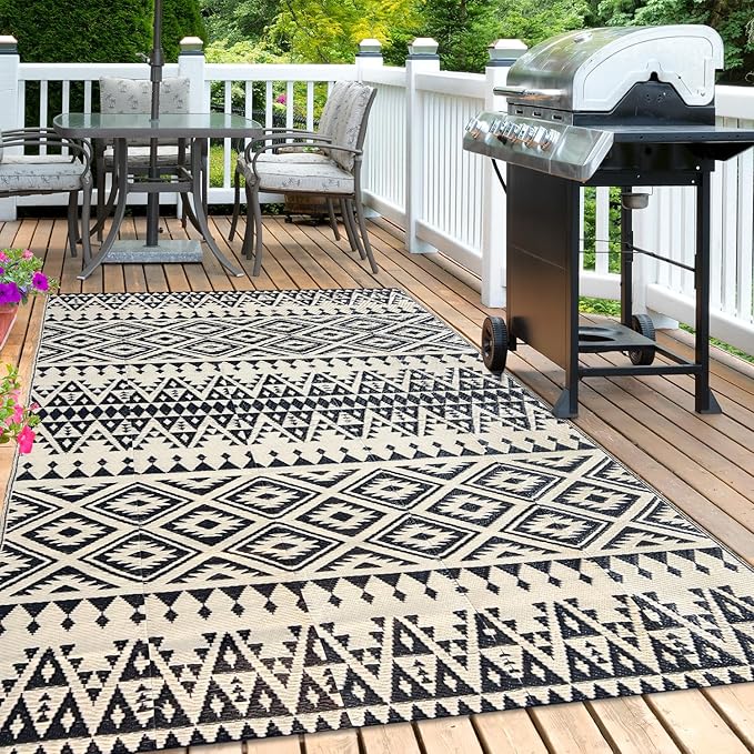 Waterproof Outdoor Rug 5x8ft, Bohemia Reversible Plastic Straw Mat for Patio RV Deck Porch Backyard Balcony Camping Picnic Beach Indoor Outdoor Carpet, Black&Beige
