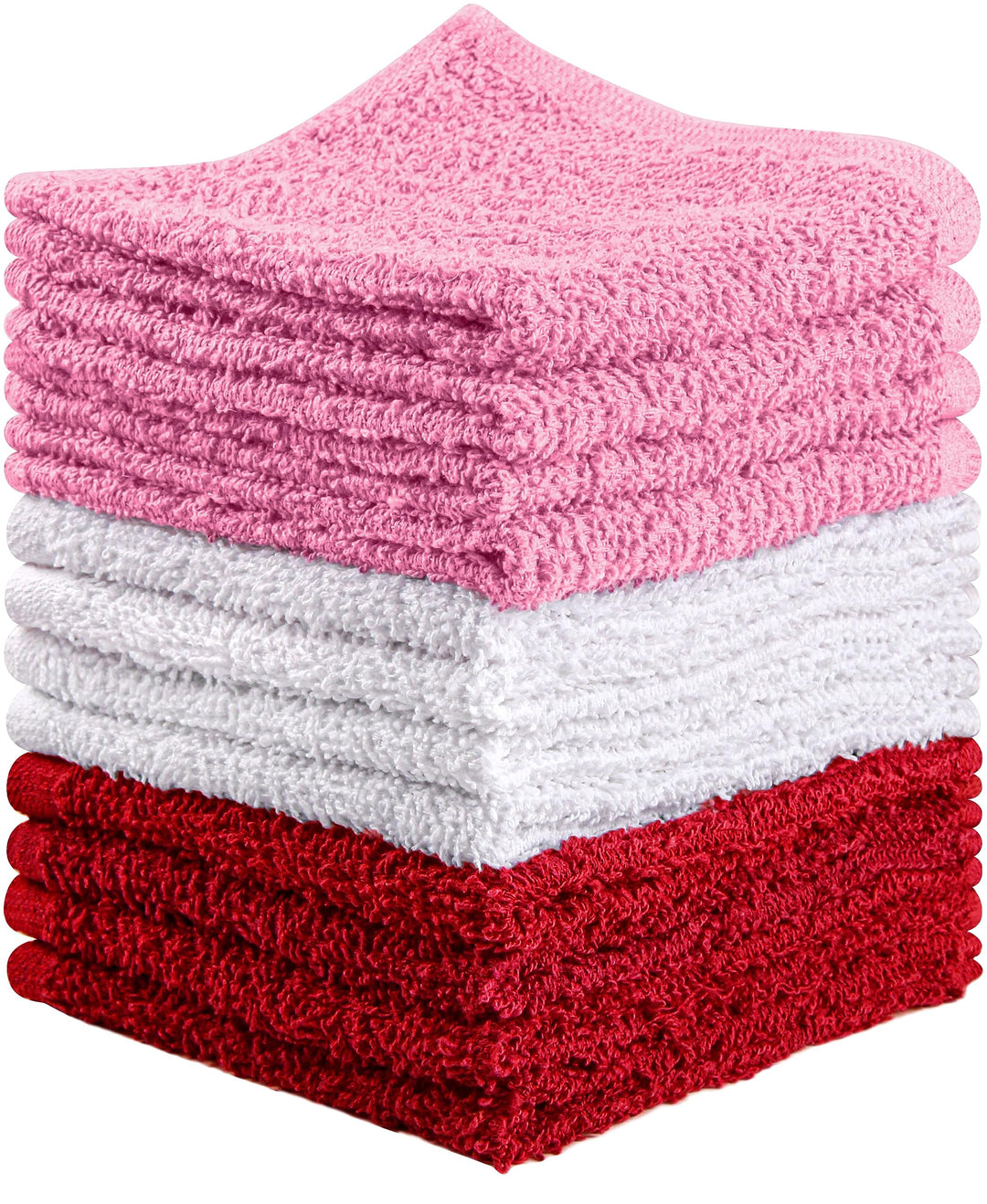 Towel and Linen Mart 100% Cotton - Wash Cloth Set - Flannel Face Cloths, Highly Absorbent and Soft Feel Fingertip Towels (Red, White & Pink, Pack of 12)