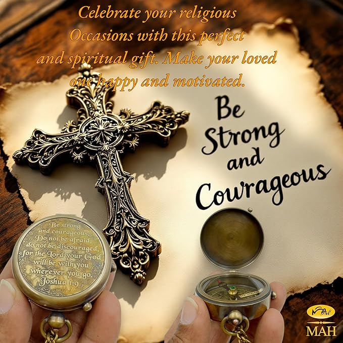 Bible Verse Brass Compass – “Be Strong and Courageous” (Joshua 1:9) | Christian Gift for Graduation, Baptism, Confirmation – Religious Keepsake for Boys, Girls, Teens, Men, Pastors & Church Events