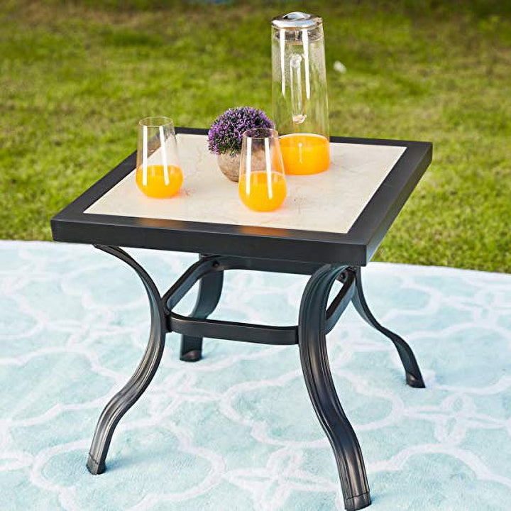 LOKATSE Home 21" Outdoor Square Patio Bistro End Table Metal Steel Legs with Ceramics Top, Black