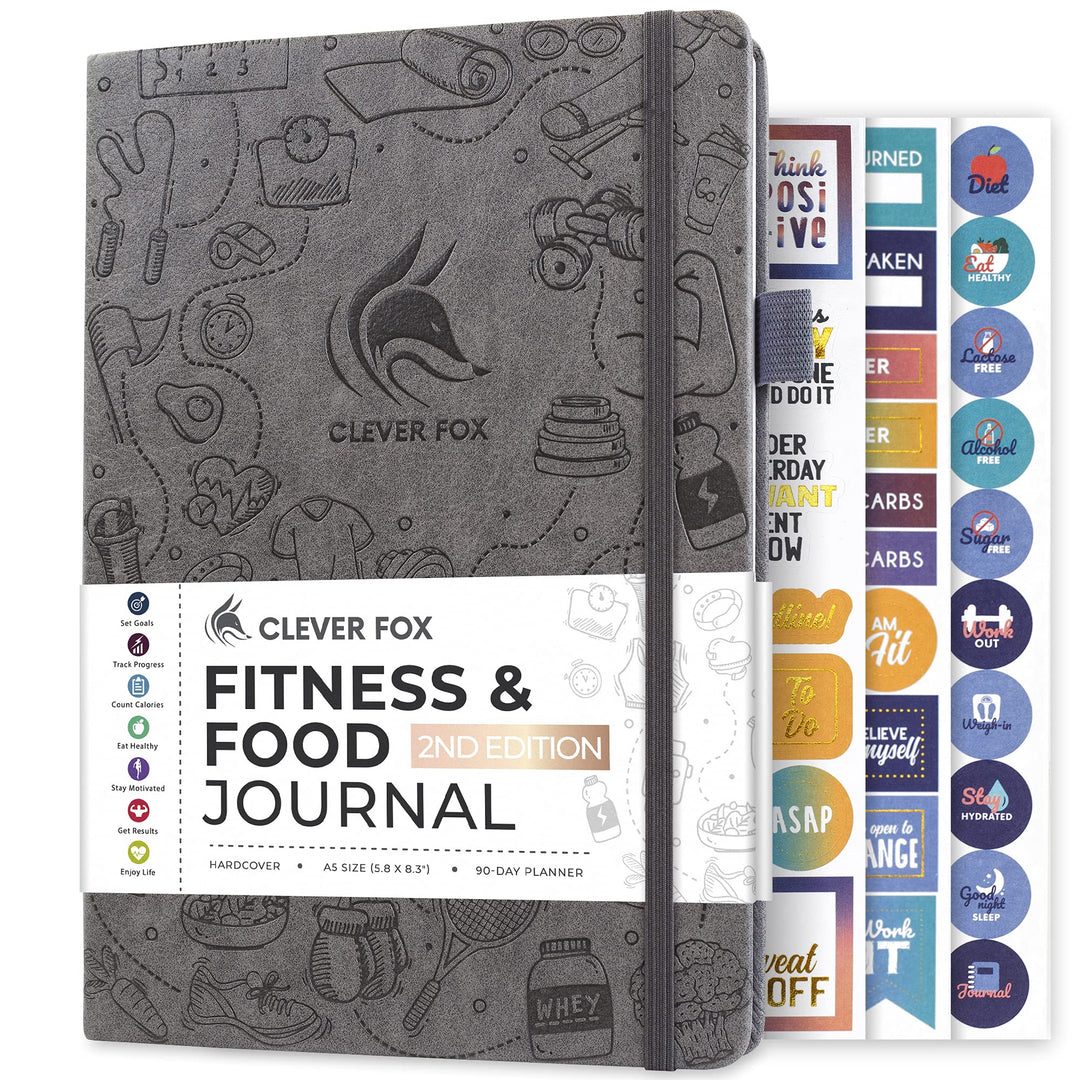 Clever Fox Fitness & Food Journal – Nutrition & Workout Planner for Women & Men – Diet & Gym Exercise Log Book with Calendars, Diet & Training Trackers - Undated, A5 Size, Hardcover (Grey)