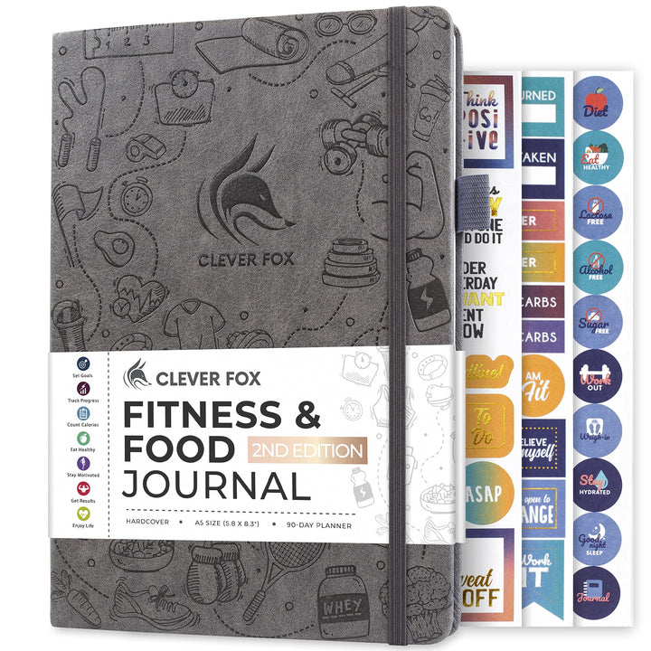 Clever Fox Fitness & Food Journal – Nutrition & Workout Planner for Women & Men – Diet & Gym Exercise Log Book with Calendars, Diet & Training Trackers - Undated, A5 Size, Hardcover (Grey)