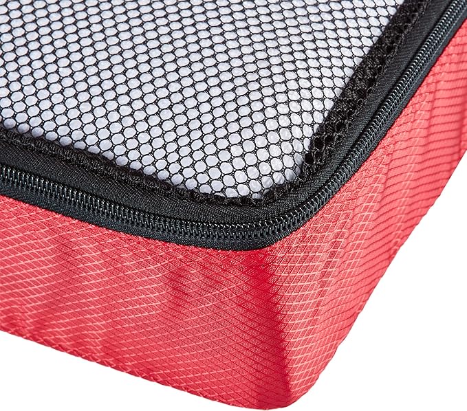 Amazon Basics Medium Packing Cubes for Travel, Packing Organizers, 4-Piece-Set With Double Zipper Pulls and Mesh Top Panel, 100% Durable Polyester, Red, 13.8"L x 9.8"W x 3"H