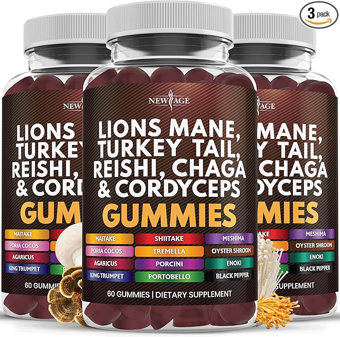 NEW AGE Mushroom Lion's Mane Supplement Gummies - Comprehensive Mushroom Supplement with Reishi, Cordyceps - 180 Count