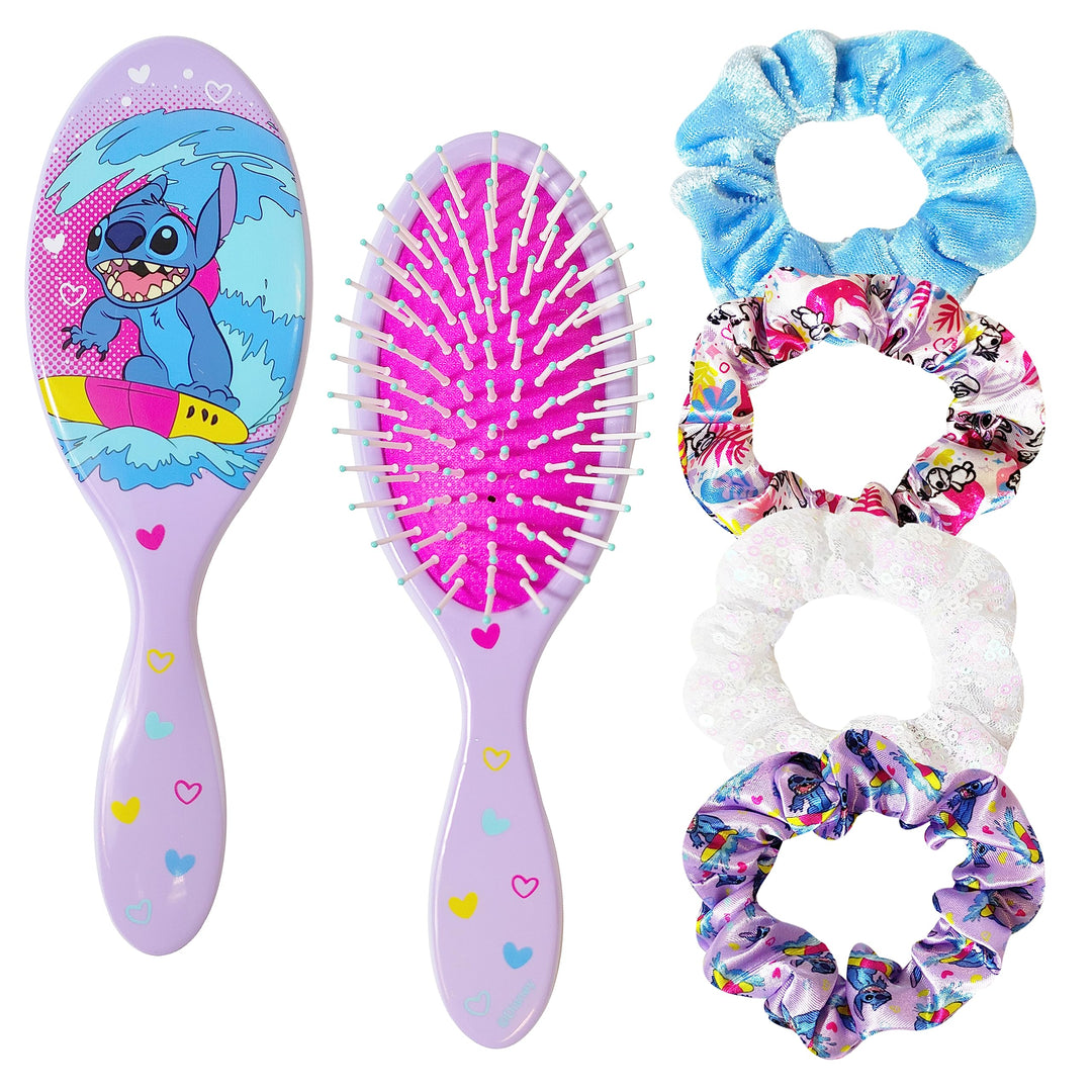 Stitch Hair Accessory 5 Pcs Set - 1 Regular 9 inch Stitch Hairbrush & 4 Scrunchies - Detangling Brush - Elastic Hair Ties Ropes for Girls, Ages 3+