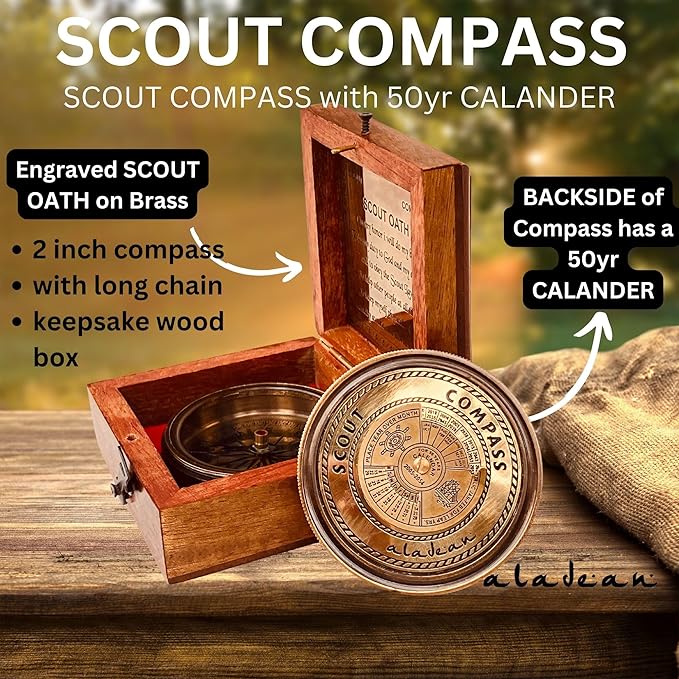 Scout Compass Gift Boys - Engraved Scout Oath Compass in wood Box Scout Always Prepared Camping Orienteering Compass, Hiking Backpacking Compass gift, 50 year calander