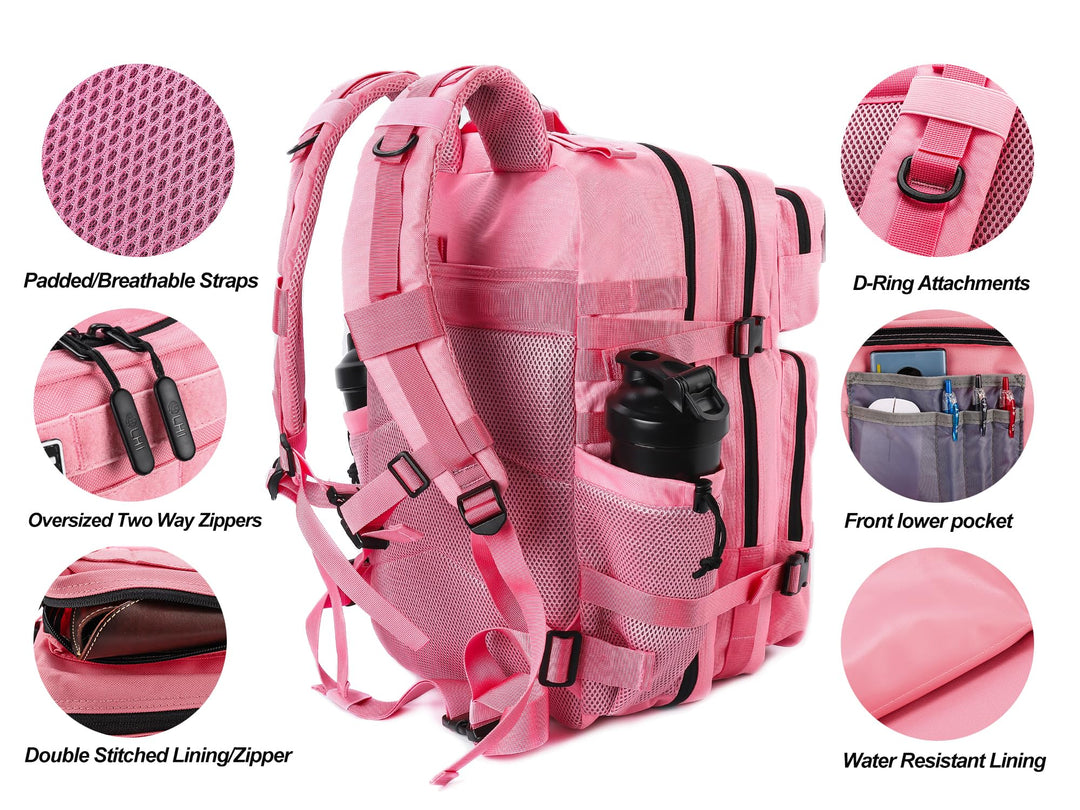 LHI Military Tactical Backpack for Men and Women 45L Army 3 Days Assault Pack Bag Large Rucksack with Molle System - Pink