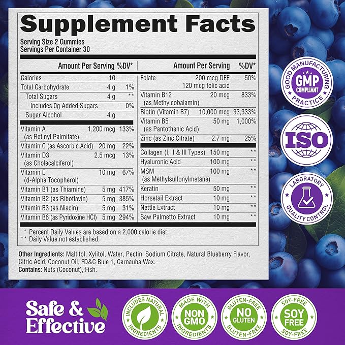 Biotin Gummies with Collagen - Hair Growth Support Skin, & Nail Strength - for Women & Men - Biotin 10000mcg | Keratin | Hyaluronic Acid | B-Complex | Saw Palmetto - Sugar-Free, Blueberry - 60 Gummy