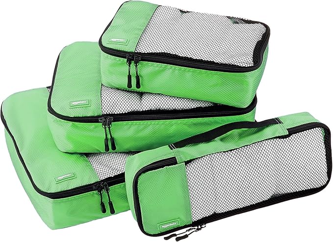 Amazon Basics Packing Cubes for Travel, Packing Organizers Set, 4-Piece-Set (Slim, Small, Medium, Large) With Double Zipper Pulls and Mesh Top Panel, 100% Durable Polyester, Green