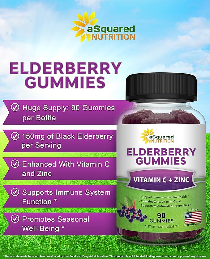 aSquared Nutrition Sambucus Elderberry Gummies with Zinc and Vitamin C - Chewable Gummy Supplement Alternative to Capsules Pills - Black Elderberries w/VIT C for Adults Immune Support - 90 Gummies