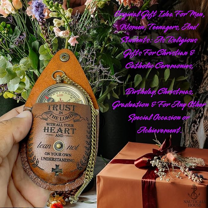 Bible Verse Brass Compass – “Trust in The Lord with All Your Heart” (Proverbs 3:5-6) | Religious Gifts for Men, Women, Boys, Girls, Teens | Daily Encouragement, Easter, Baptism, Faith-Based Keepsake