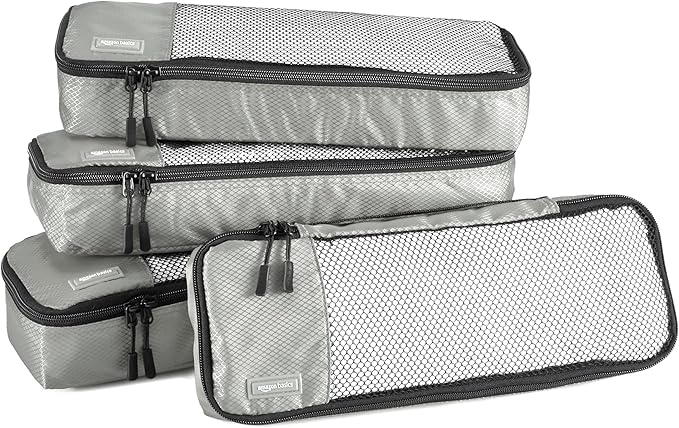 Amazon Basics Slim Packing Cubes for Travel, Packing Organizers, 4-Piece-Set With Double Zipper Pulls and Mesh Top Panel, 100% Durable Polyester, Gray, 14"L x 5"W x 3"H