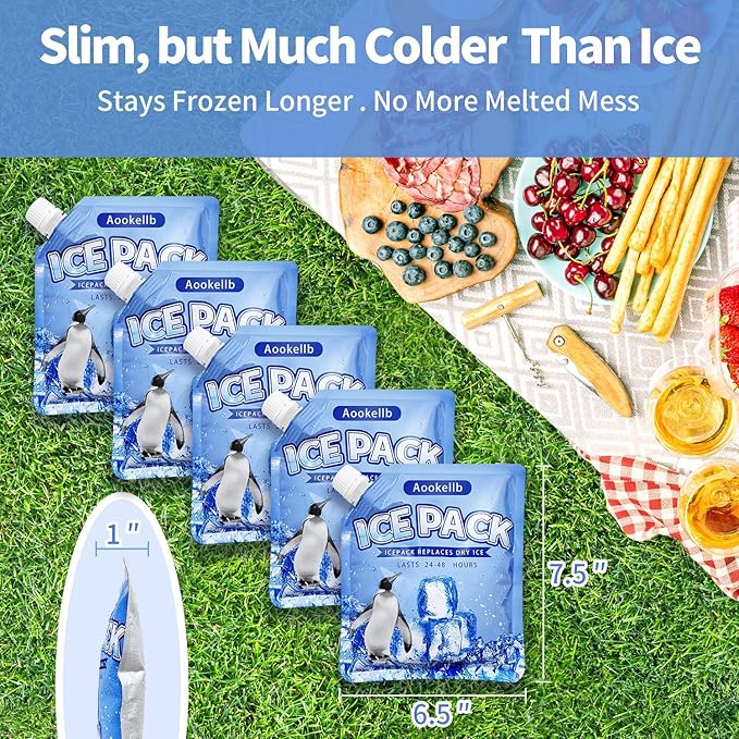 2025 Reusable Ice Packs for Cooler, Aookellb 5 Pack Long Lasting Gel Freezer Packs for Coolers, Cold Packs for Cooler Bag Backpacks, Lunch Box, Cooler Bag, Keeps Food Cold Fresh