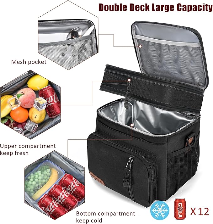 MIYCOO Lunch Bag & Lunch Box for Men Women Double Deck - Leakproof Insulated Soft Large Adult Lunch Cooler Bag for Work, (Black Zipper Pull, 15L)