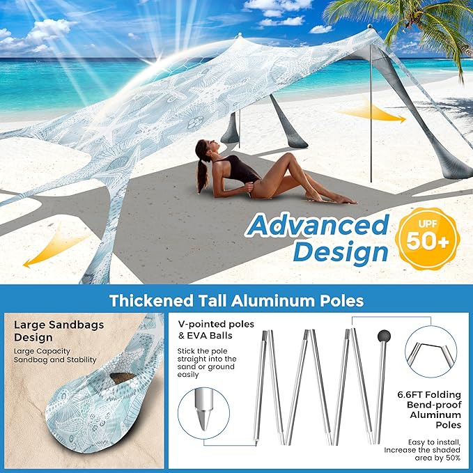 Beach Canopy Beach Tent Pop Up Shade 10x10ft Sun Shelter UPF50+ with 8 Sandbags-2 Sand Shovel-4 Aluminum Poles-Ground Pegs-Portable Carrying Bag for Outdoor Family Camping Fishing Yard Picnic