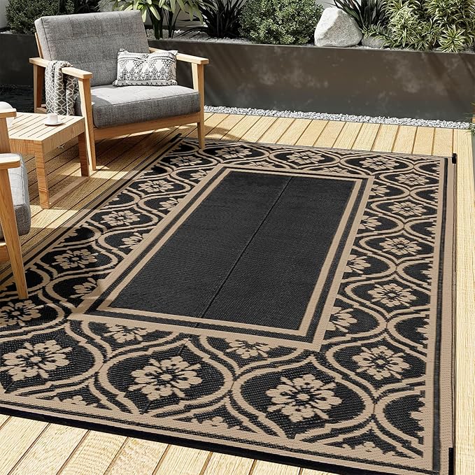 Patio Rug 5'x8' Waterproof Outside Area Rugs Reversible Brown Outdoor Plastic Straw Carpet for RV Deck Camping Entryance Porch Picnic Balcony Beach