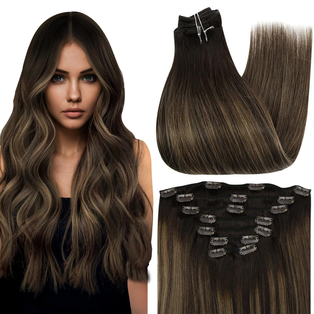Full Shine Clip in Hair Extensions Human Hair Balayage Color 2 Darkest Brown to 8 Ash Brown Highlight Hair Extension Clip Ins 7 Pcs Remy Clip In Hair 12 Inch 95 G