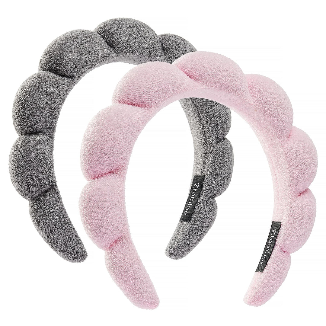 Ztomine Spa Terry Cloth Headband Combo Pack - 2 Puffy Makeup Headbands For Facial Care, Face Washing, And Mask Application (Pink