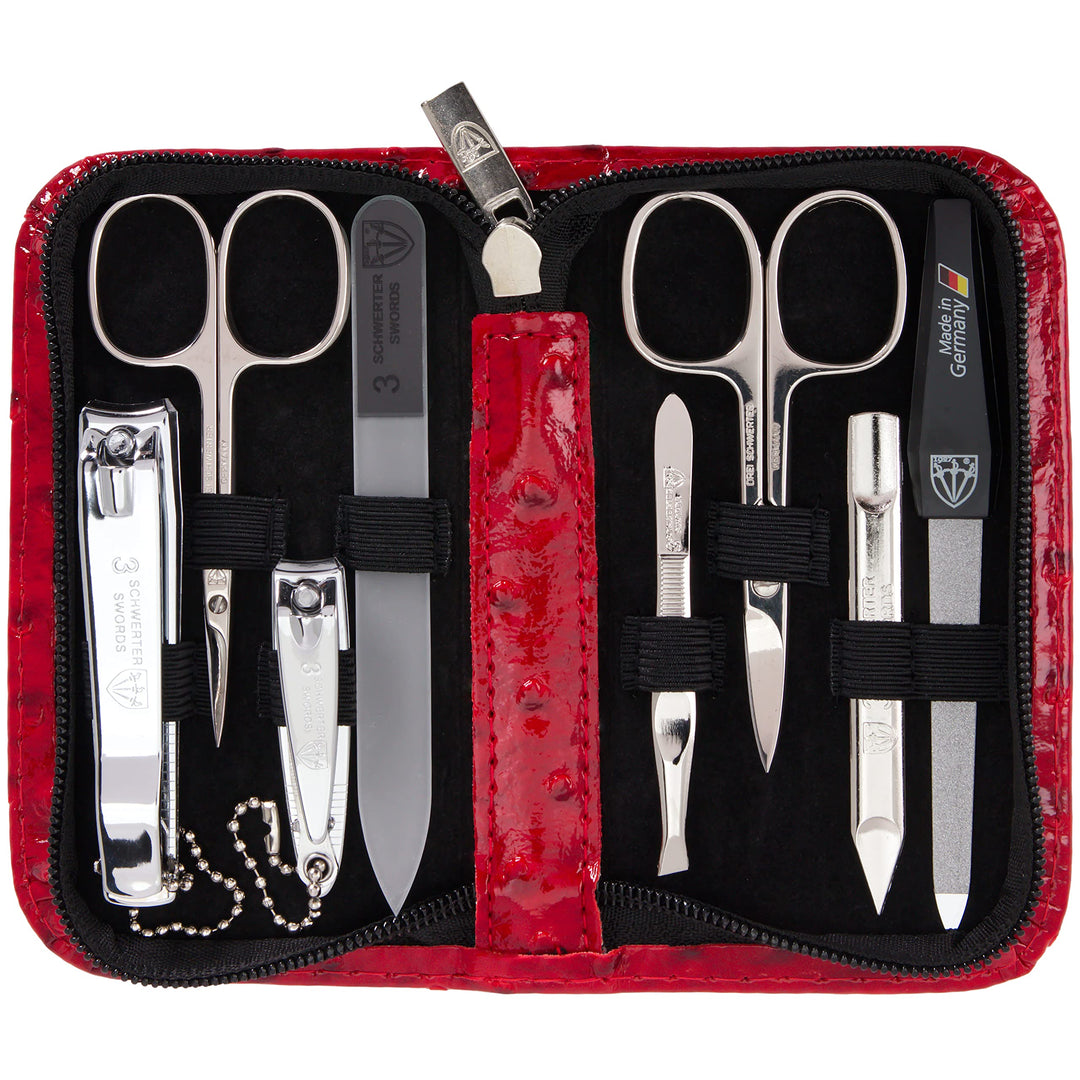 3 Swords Germany - Brand Quality 8 Piece Manicure Pedicure Grooming Kit Set Synthetic Leather Case Red Ostrich - Made In Germany