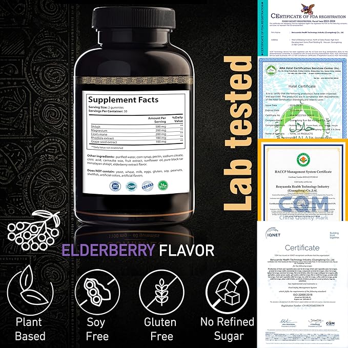 ad hoc 1100mg Gold Shilajit Gummies with Magnesium, Lions Mane, Rhodiola, Grape Seed - Himalayan Shilajit for Men Women, 85+ Trace Minerals & Fulvic Acid, Pure Shilajit for Energy Immune Support,60 Ct