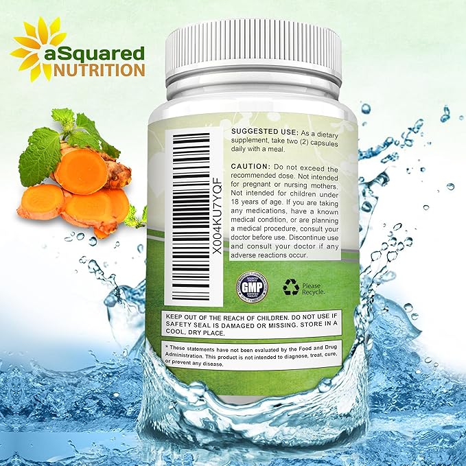 aSquared Nutrition Turmeric Curcumin 1300mg with BioPerine Black Pepper Extract Supplement - 60 Capsules - with 95% Curcuminoids - Natural Tumeric Root Powder Joint Pills