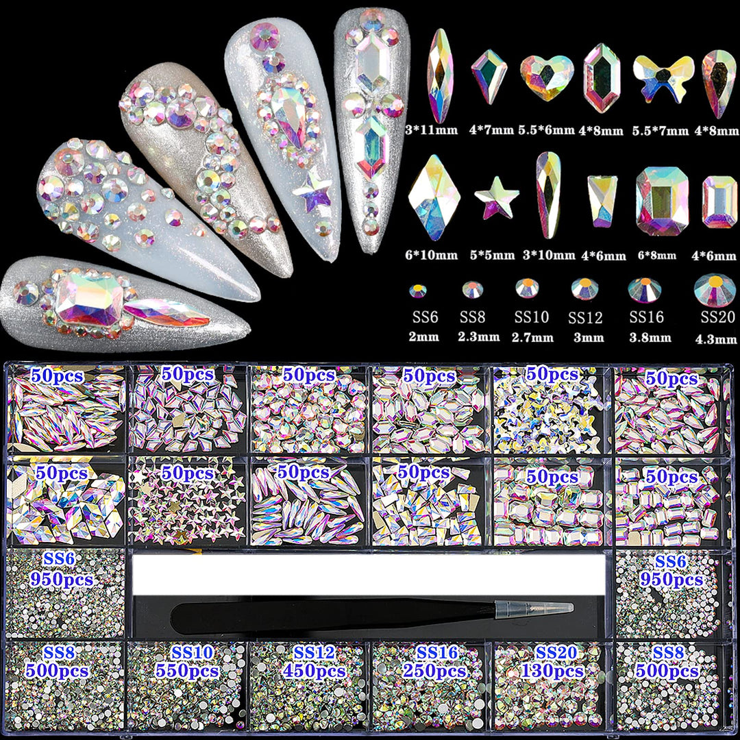 4880 Pcs Ab Crystal Nail Rhinestones Set, Nail Art Rhinestones Round Beads Flatback Glass Gems Stones, Multi Shapes Rhinestones