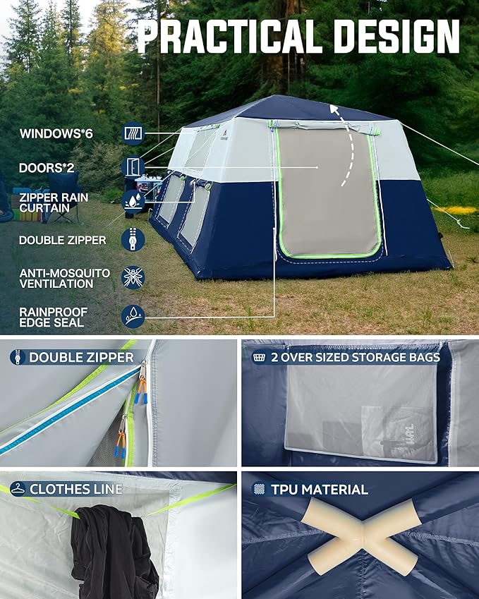 14.1'x6.5'x9' Inflatable Tents for Camping, Portable 6/8/10 Person Blow Up Air Tent, Waterproof Windproof Easy Setup Large Family Tent with 2 Doors, 6 Windows, Mosquito Screen