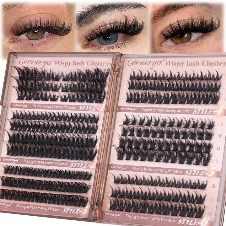 Geeneiya Wispy Lash Clusters 6 Styles Eyelash Clusters Natural Cluster Eyelash Extensions D Curl Individual Lashes 9-16mm DIY Lash Extension for Beginners(Wispy/Manga/Cat Eye/Natural/Spiky/Cross)