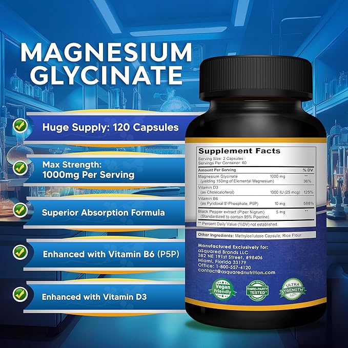 Magnesium Glycinate 1000mg with Vitamin D3 & B6-500mg per Capsule - Pure Elemental Mag Supplement Complex for Sleep, Muscle, Bone Health - Replace Gummies, Tablets & Powder - 120 Capsules