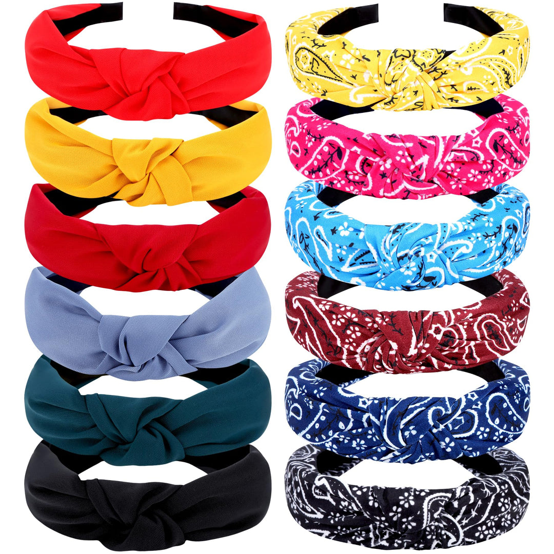 VELSCRUN Bandana Knotted Headbands for Women 12 Pack Gilrs Fashion Head Bands Solid Womens Hair Band Non Slip for Thin Thick Short Hair Face Wash Hair Accessories