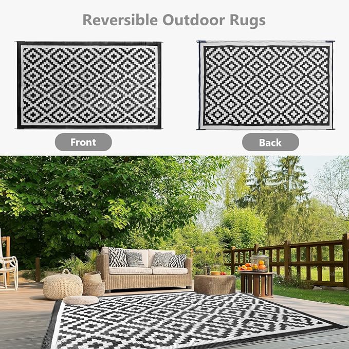 5x8 ft Outdoor Rug Waterproof, Plastic Straw Patio Carpet - UV Resistant Reversible Indoor Outdoor Rugs for Porch, Camping, Poolside, RV, Balcony, Easy to Clean, Black and White