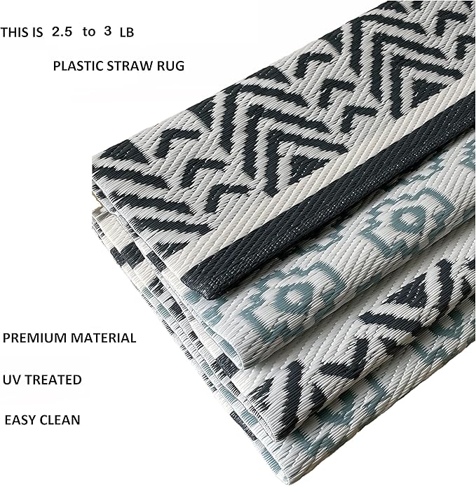 BalajeesUSA Outdoor Plastic Patio Rugs – 5x7, Grey, Teal Multipurpose Reversible mats Woven Plastic Straw All-Weather and Waterproof Rug Camper Mats Outdoor