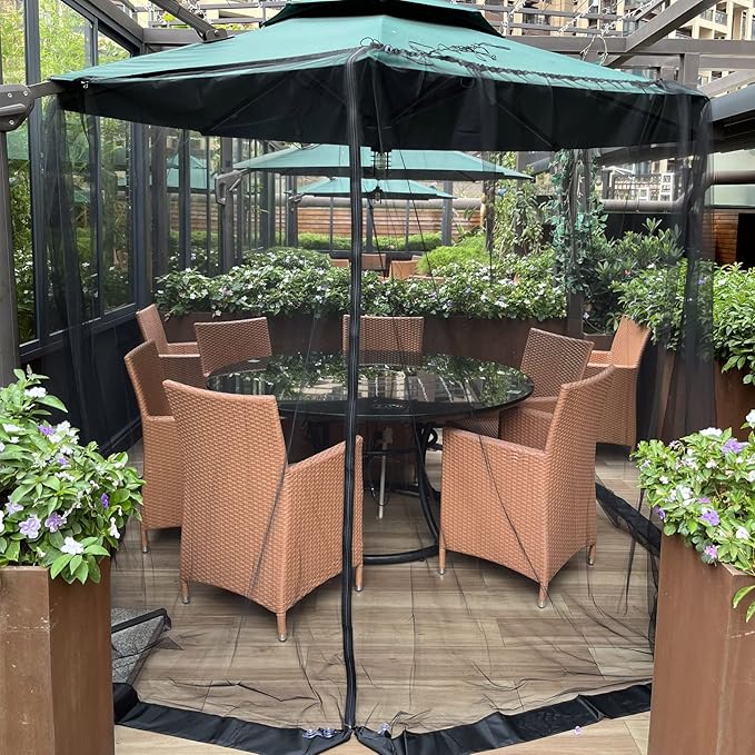 7.5-11 FT Patio Umbrella Mosquito Net, Polyester Mesh Umbrella Screen, Universal Canopy Umbrella Mosquito Netting with Zipper Door and Adjustable Rope, Fit Outdoor Umbrellas and Patio Tables