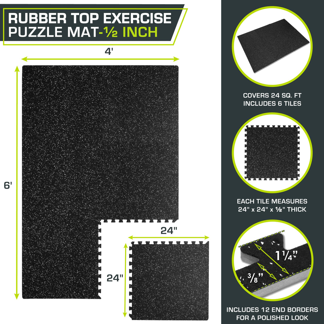 ProsourceFit Rubber Top Exercise Puzzle Mat ½-inch, 24 SQFT, 6 Tiles, EVA Foam Interlocking Tiles for Home Gym Protective Flooring for Equipment and Workouts, Grey
