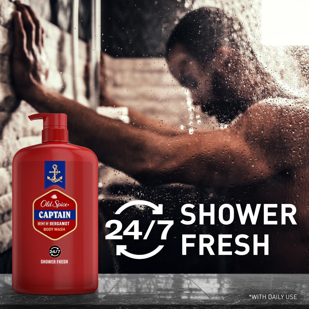 Old Spice Refreshing Body Wash for Men, 3X Defense, 24/7 Shower Fresh with Long Lasting Scent, Red Collection, Captain with Bergamot Scent, 33.4 oz